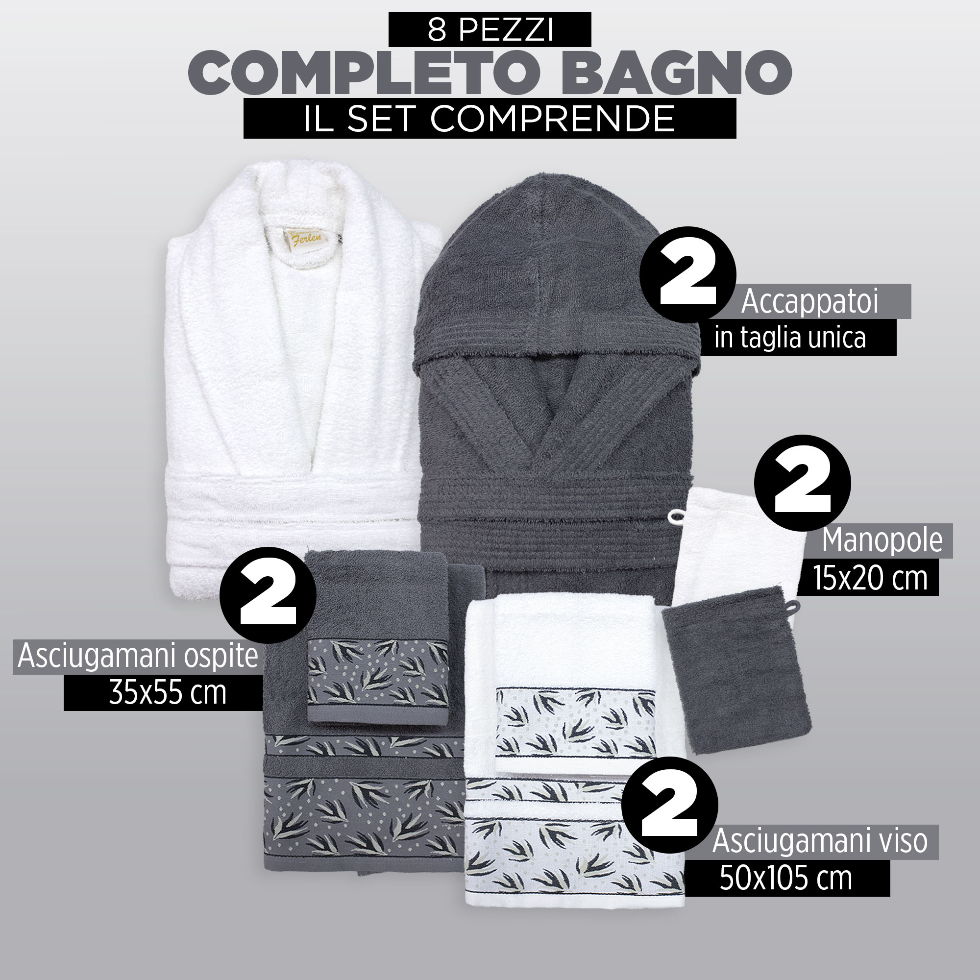 Completo bagno asciugamani accappatoi set uomo donna in spugna di cotone 6856 - Foto 6 di 16