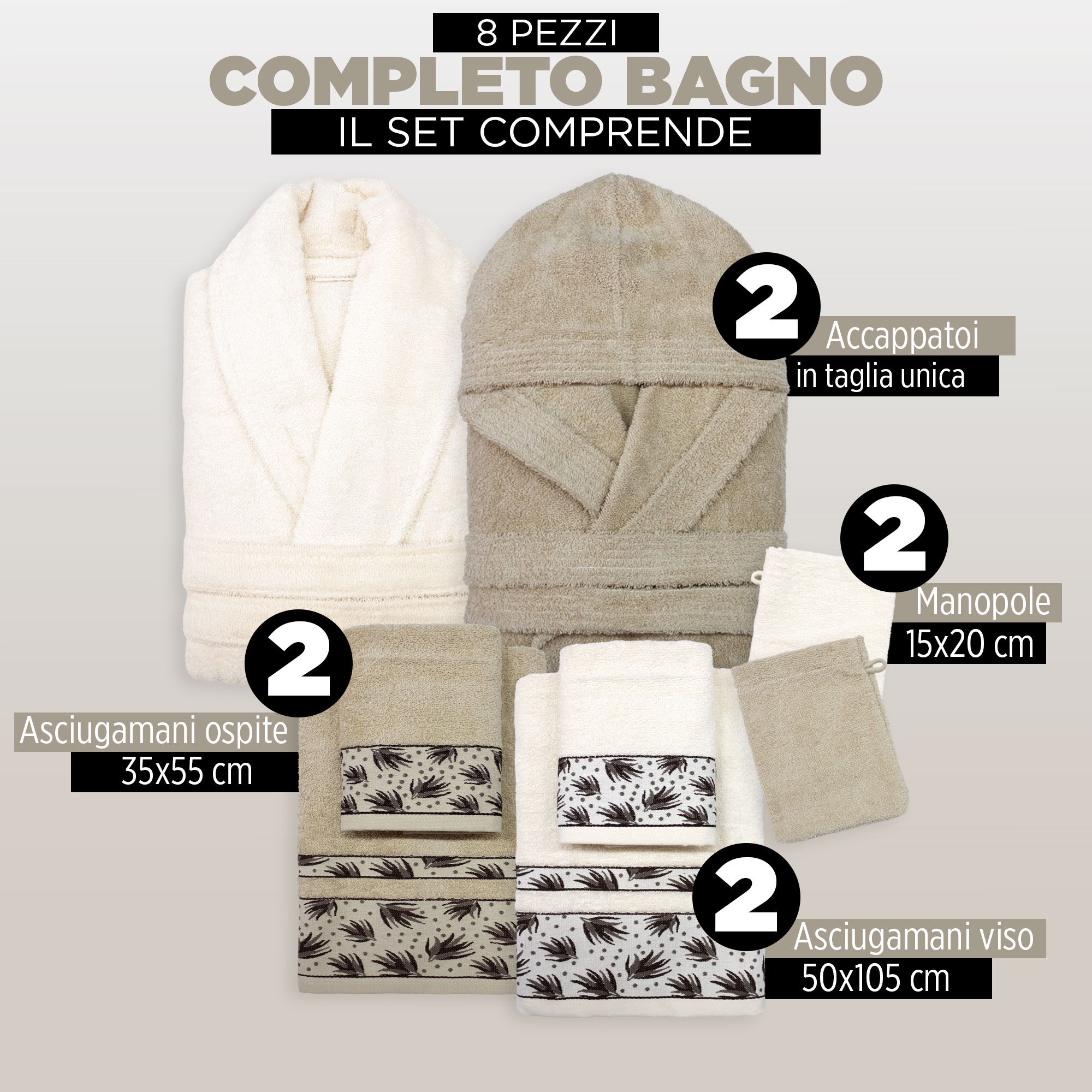 Completo bagno asciugamani accappatoi set uomo donna in spugna di cotone 6856 - Foto 11 di 16
