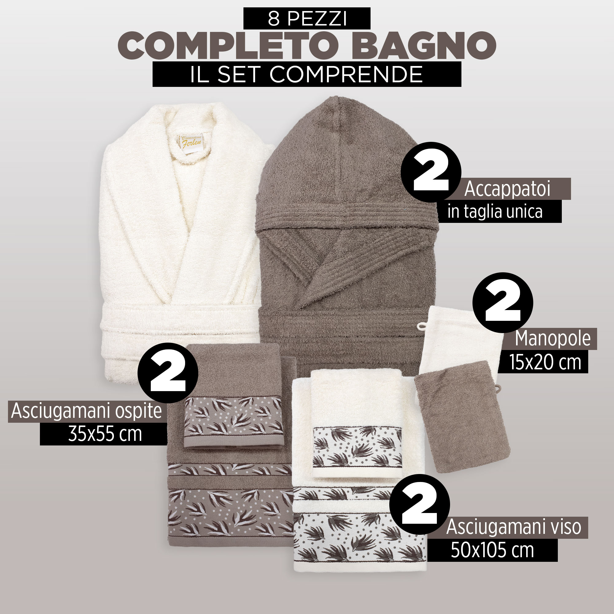 Completo bagno asciugamani accappatoi set uomo donna in spugna di cotone 6856 - Foto 16 di 16