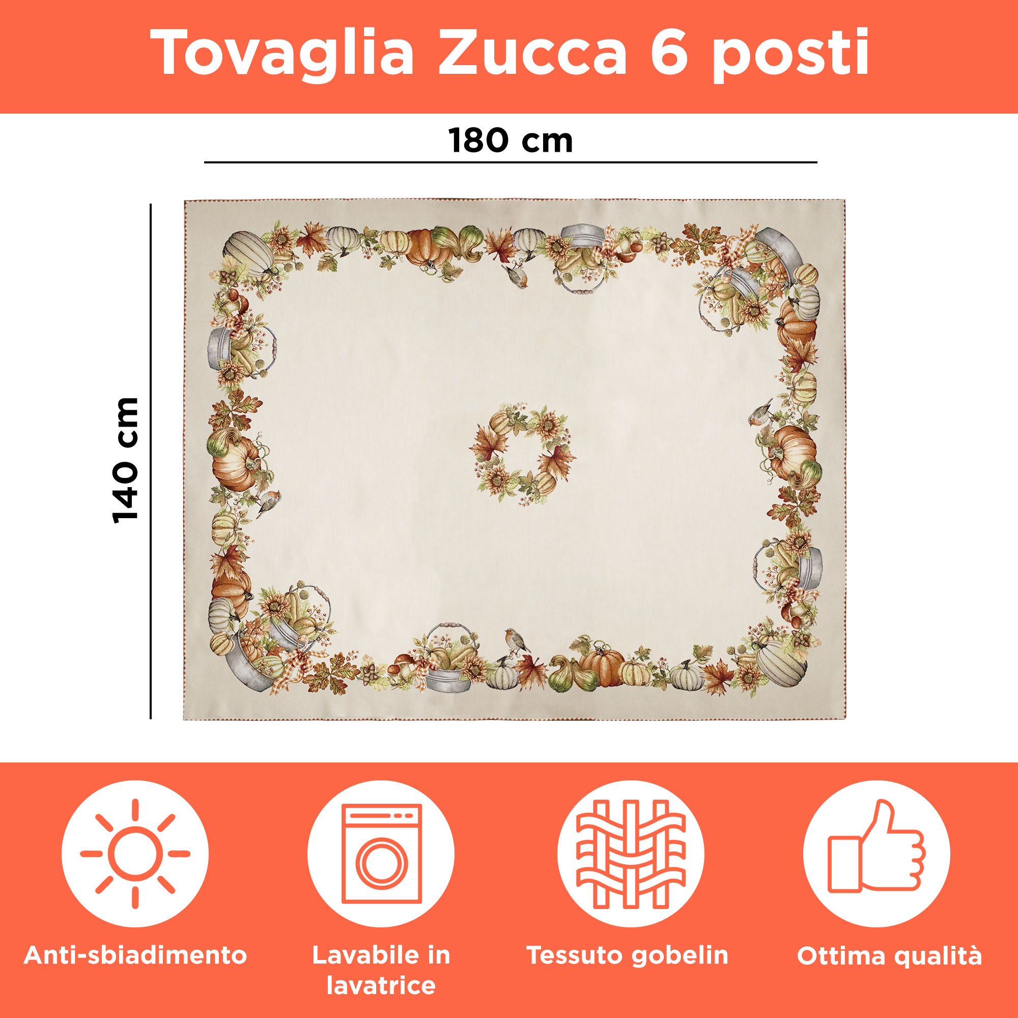 Copritavolo Zucca in gobelin di cotone tovaglia autunnale varie misure 6948 - Imagen 9 de 9