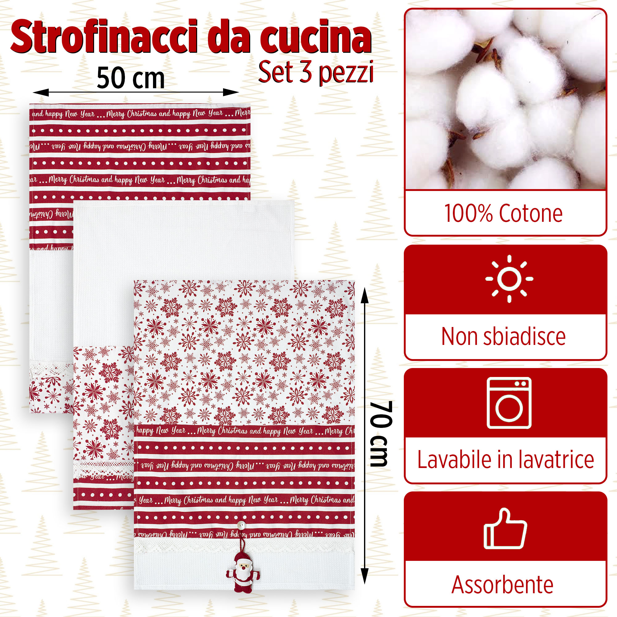Set Strofinacci Natalizi Canovacci ricamati 3 Pezzi Decoro Natale 6972 - Foto 5 di 29