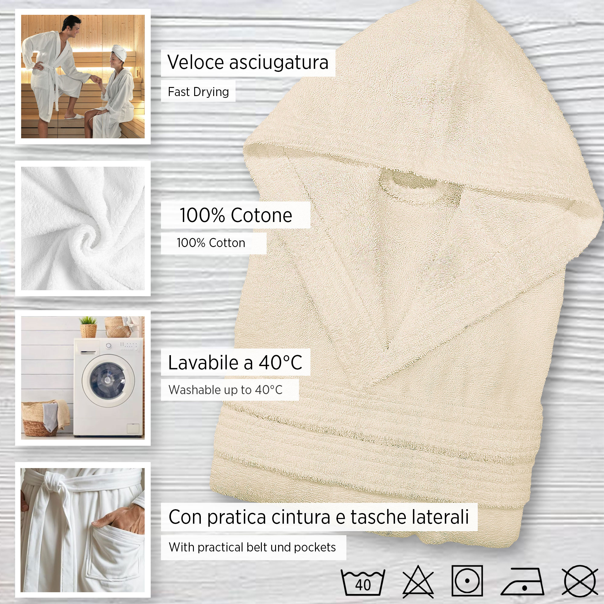 Accappatoio in spugna di cotone con cappuccio unisex uomo donna adulto 7042 - Imagen 4 de 51