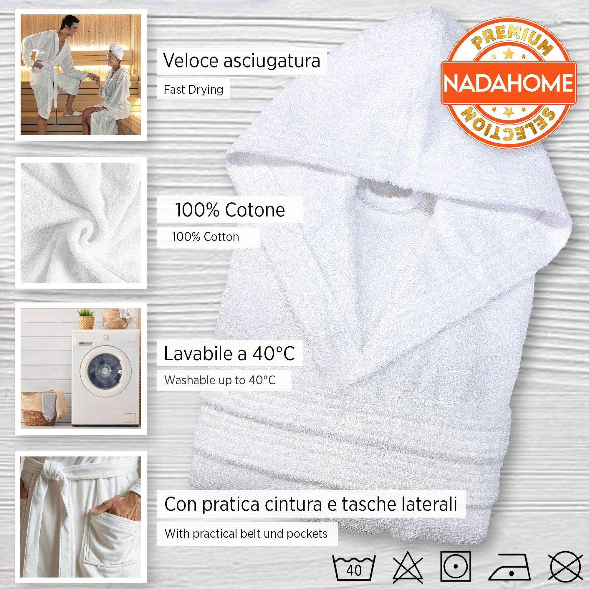 Accappatoio in spugna di cotone con cappuccio unisex uomo donna adulto 7042 - Imagen 9 de 51
