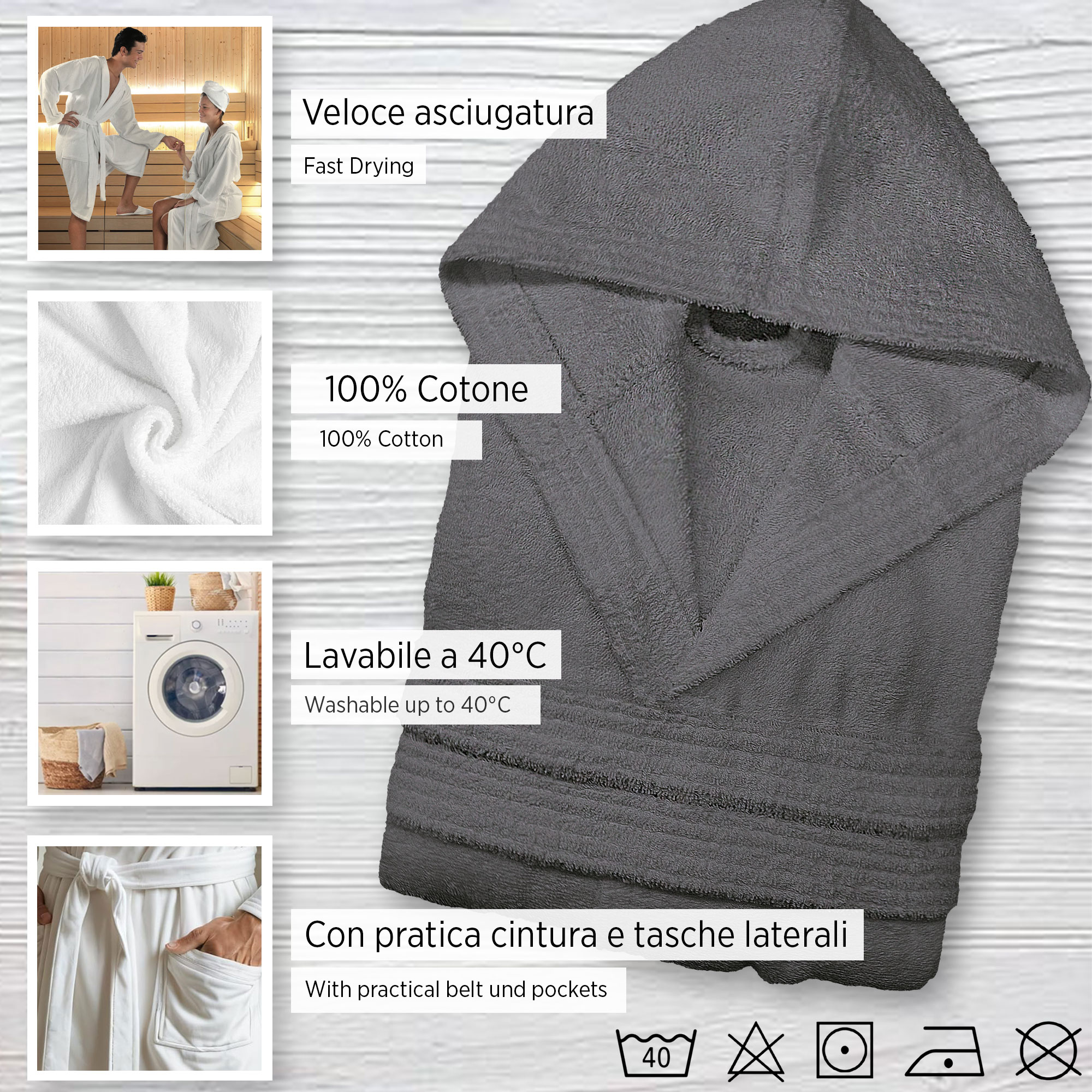 Accappatoio in spugna di cotone con cappuccio unisex uomo donna adulto 7042 - Imagen 29 de 51