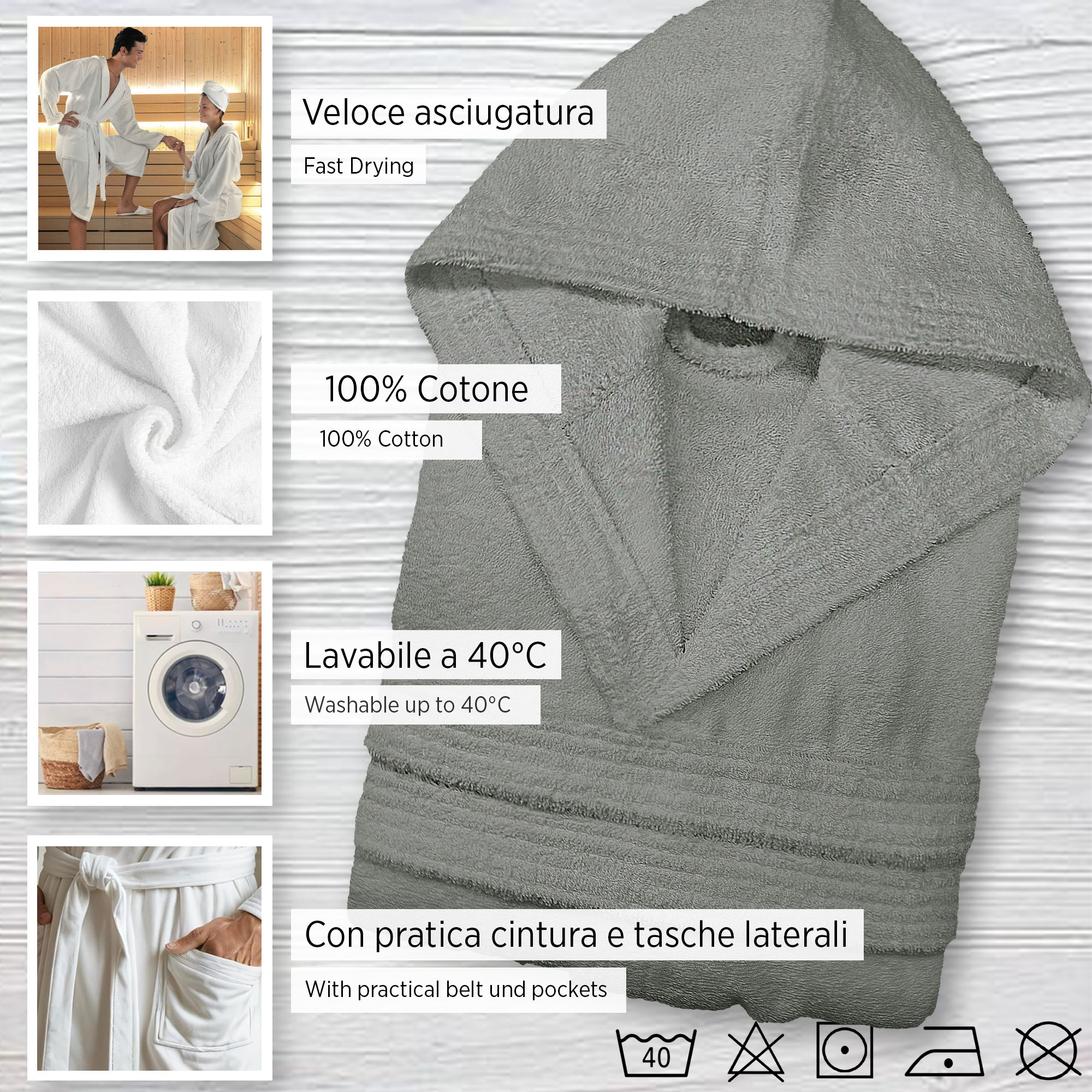 Accappatoio in spugna di cotone con cappuccio unisex uomo donna adulto 7042 - Imagen 39 de 51