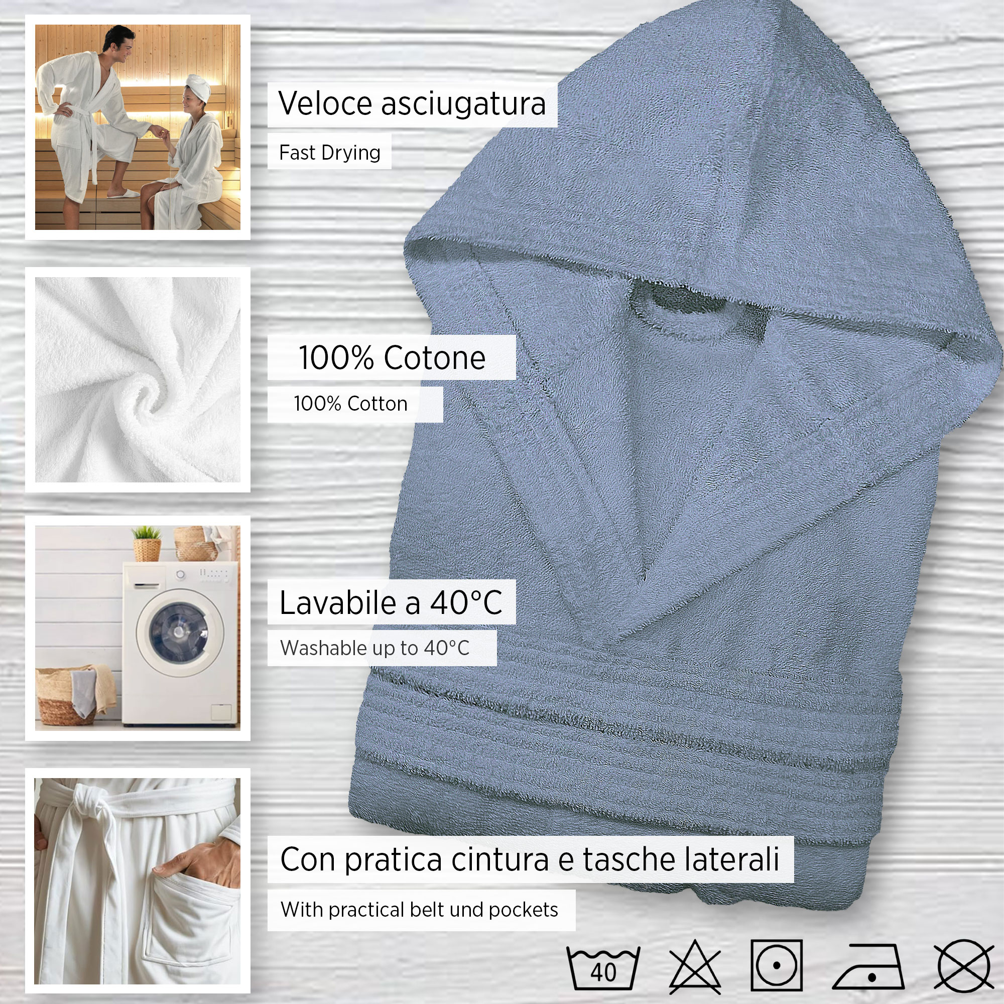 Accappatoio in spugna di cotone con cappuccio unisex uomo donna adulto 7042 - Imagen 44 de 51