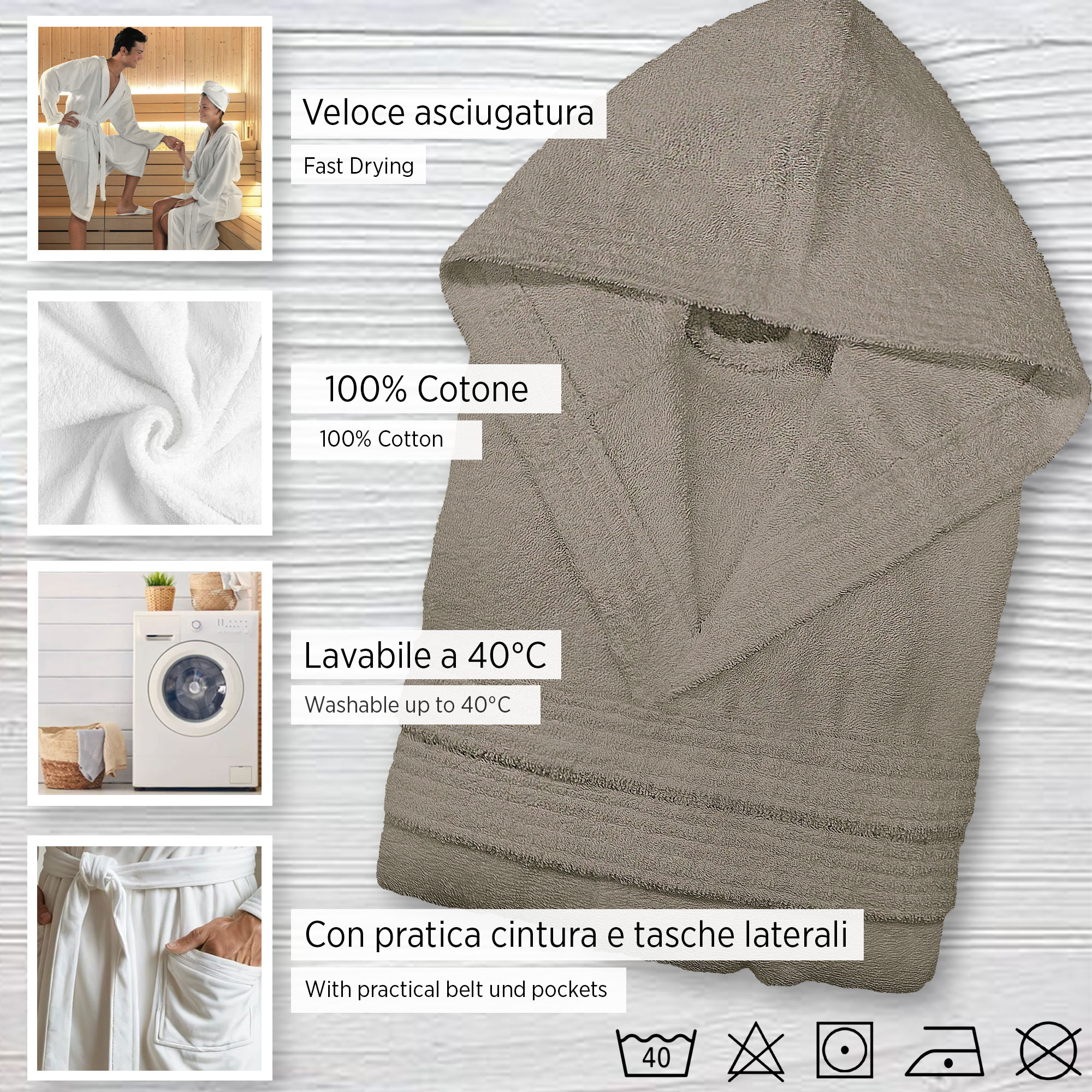 Accappatoio in spugna di cotone con cappuccio unisex uomo donna adulto 7042 - Imagen 49 de 51