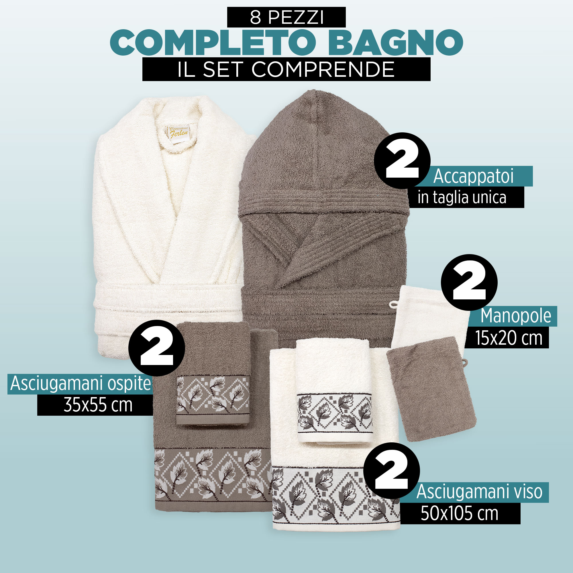 Completo bagno asciugamani accappatoi set uomo donna in spugna di cotone 7047 - Imagen 16 de 16