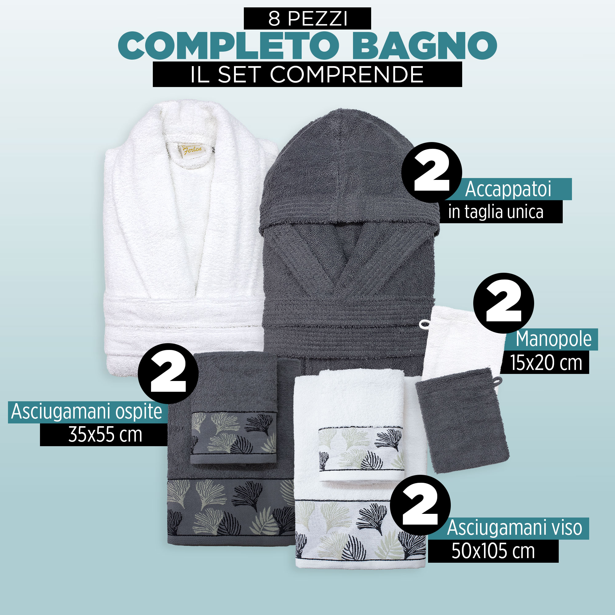Completo bagno asciugamani accappatoi set uomo donna in spugna di cotone 7049 - Imagen 6 de 16