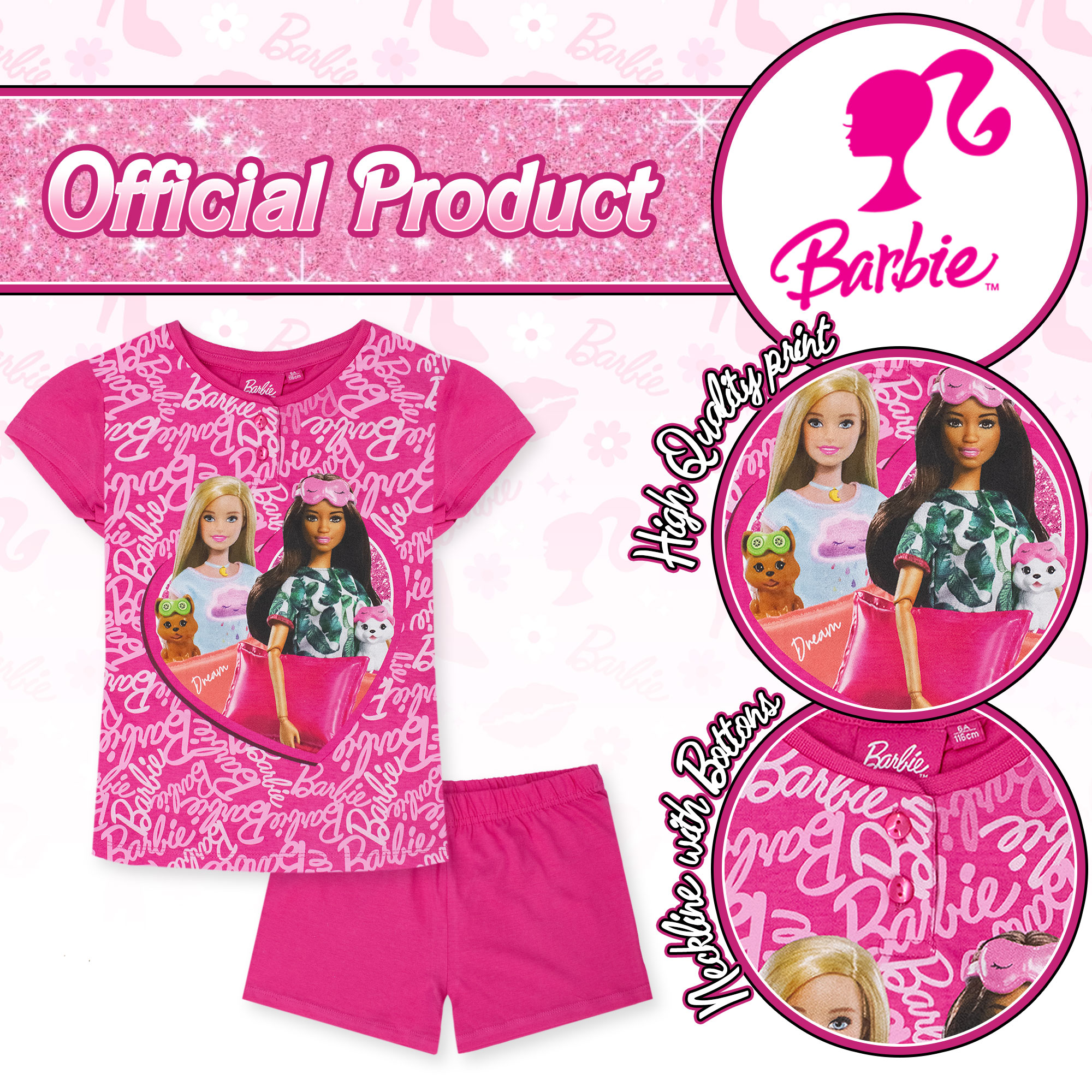 Barbie Girls Summer Pyjamas Lightweight Cotton Short 7079 - Picture 4 of 15