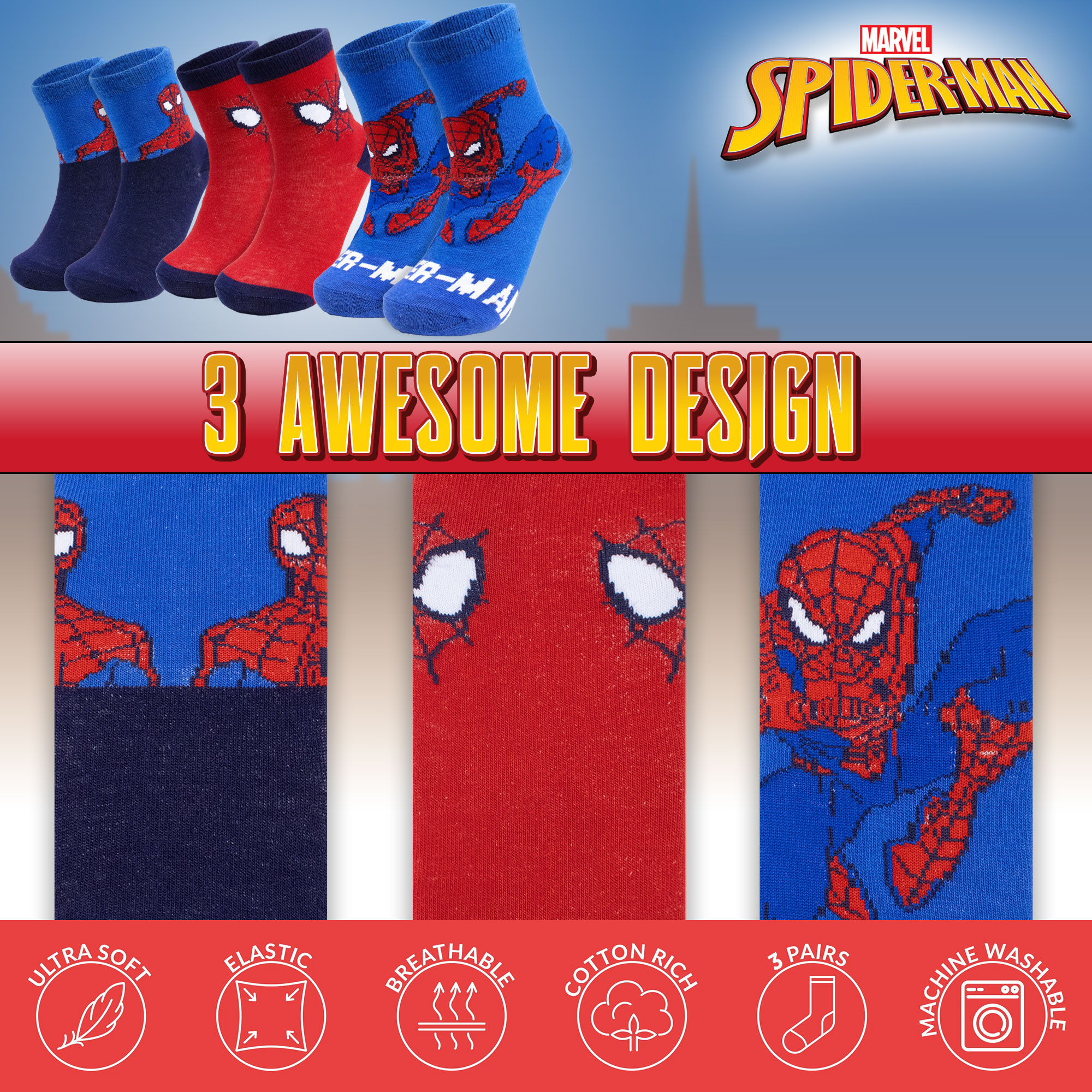 Calzini per bambino Marvel Spiderman set 3 paia di calze in cotone bimbo 7113 - Picture 3 of 9
