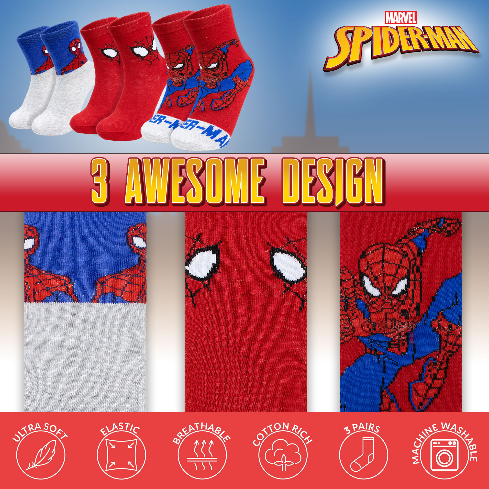 Calzini per bambino Marvel Spiderman set 3 paia di calze in cotone bimbo 7113 - Picture 7 of 9