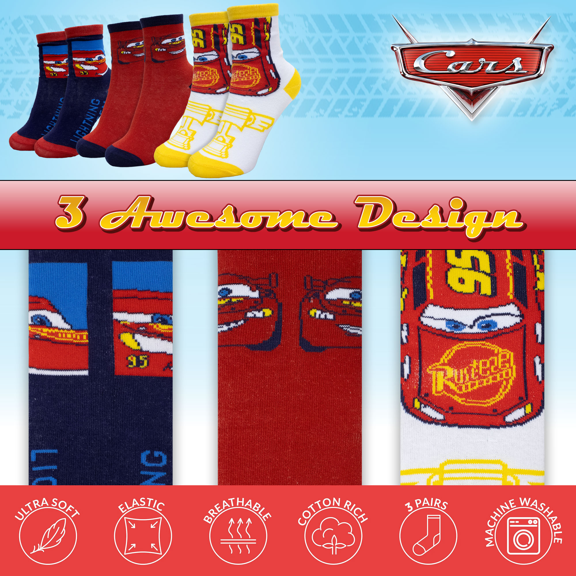 Disney Cars Lightning Kids Socks Set 3 Pairs Cotton Socks Baby 7115 - Picture 7 of 9