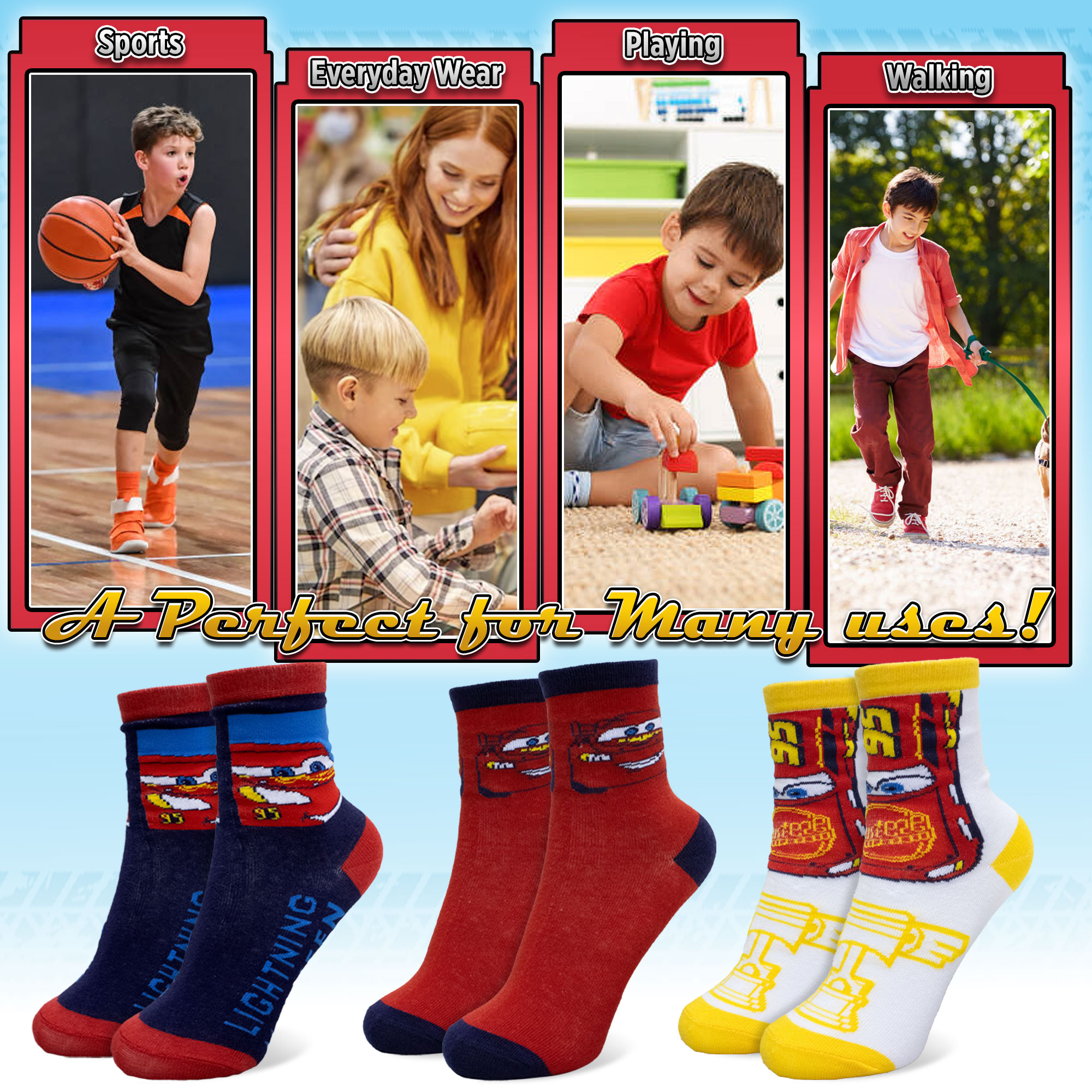 Disney Cars Lightning Kids Socks Set 3 Pairs Cotton Socks Baby 7115 - Picture 8 of 9