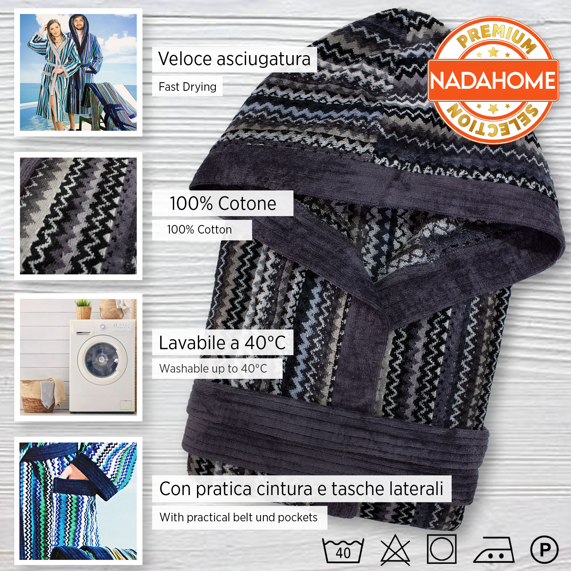 Accappatoio uomo donna in spugna velour cinigliato con cappuccio Jacquard 7126 - Foto 9 di 61