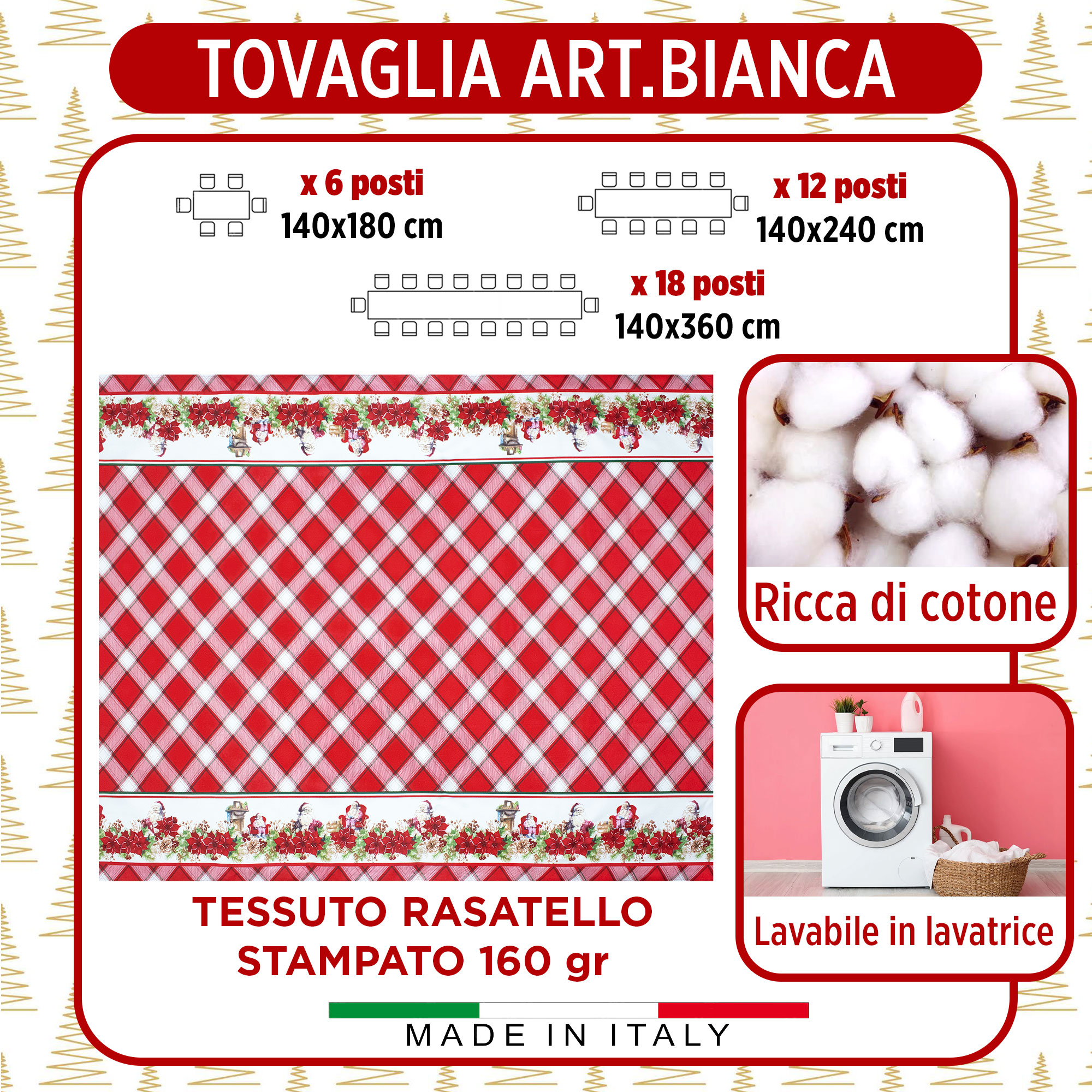 Tovaglia Natalizia in Rasatello Made in Italy Decoro Natale varie misure 7132 - Foto 7 di 25